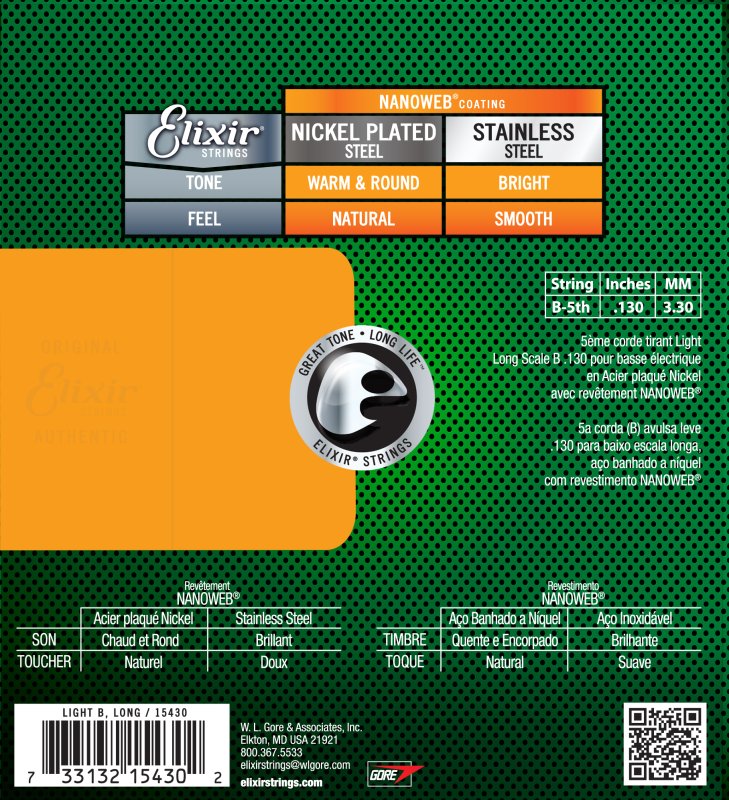 Elixir - 5th String Single, Light B, Long Scale Electric Bass Nickel Plated Steel With Nanoweb Coating, .130 #15430