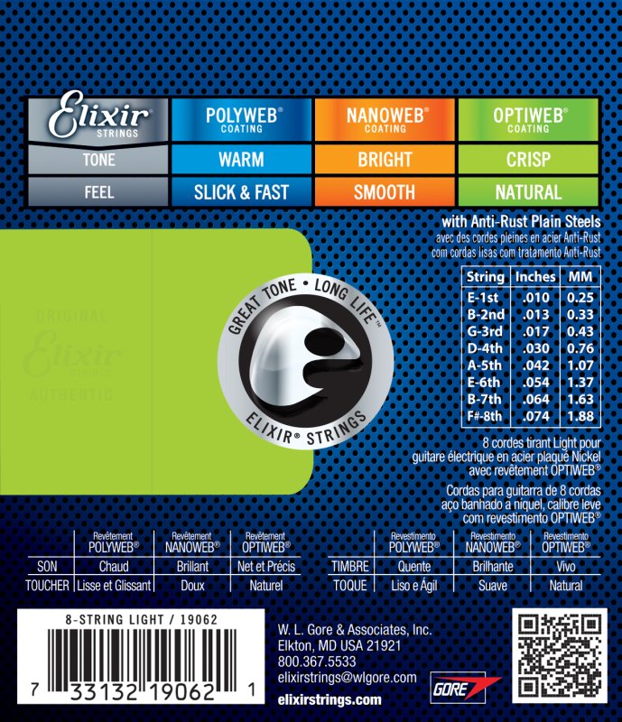 Elixir - Optiweb Coated Nickel Plated Electric 8-String Guitar Strings Light 10-74 #19062