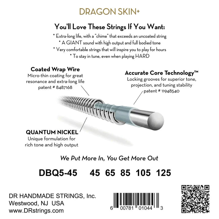 DR - Dragon Skin+ Bass Guitar Strings, Quantum Nickel (45-125) #BP10-DBQ5-45