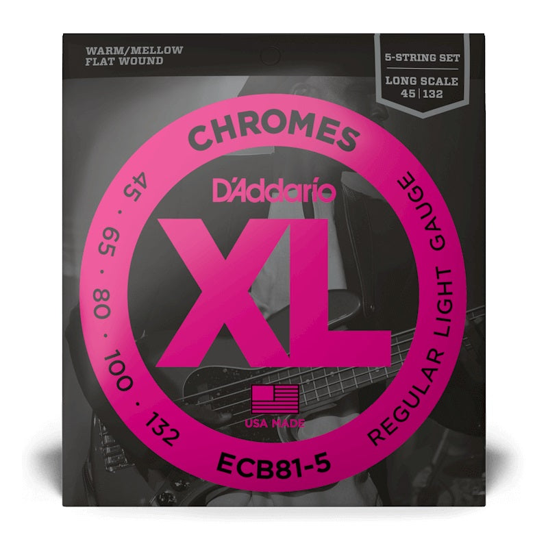 D’Addario – 5-String 45-132 Long Scale Bass Flat Wound Chromes – Regular Light ECB81-5