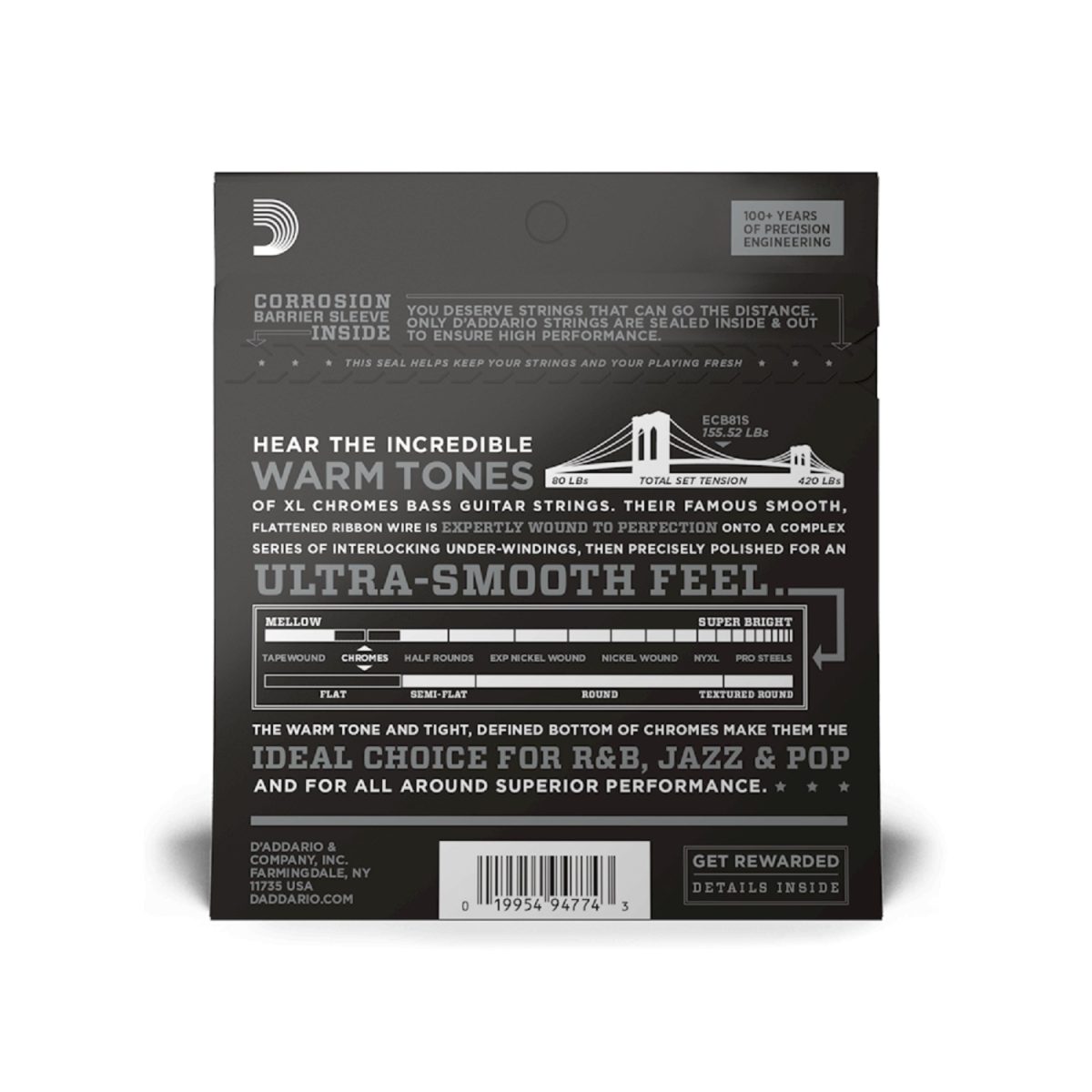D'Addario - 45-100 Regular Light Short Scale Bass Strings - ECB81S Back