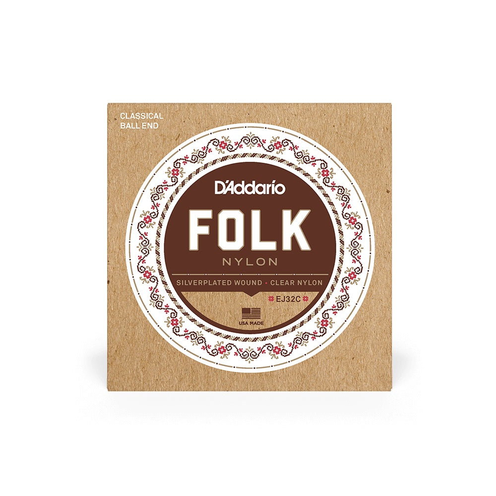 D'Addario - Folk Nylon Normal Tension Ball End Silver-Wound/Clear Nylon Classical Guitar Strings #EJ32C