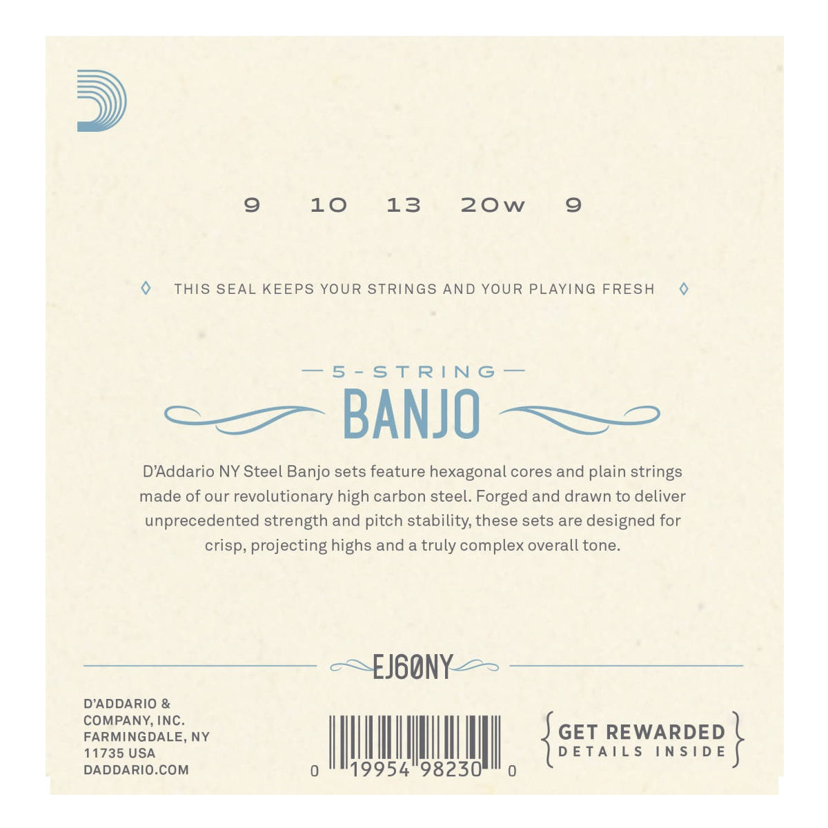 D’Addario – 5-String 09-20 Banjo Nickel-Plated Steel Loop End – Light EJ60NY