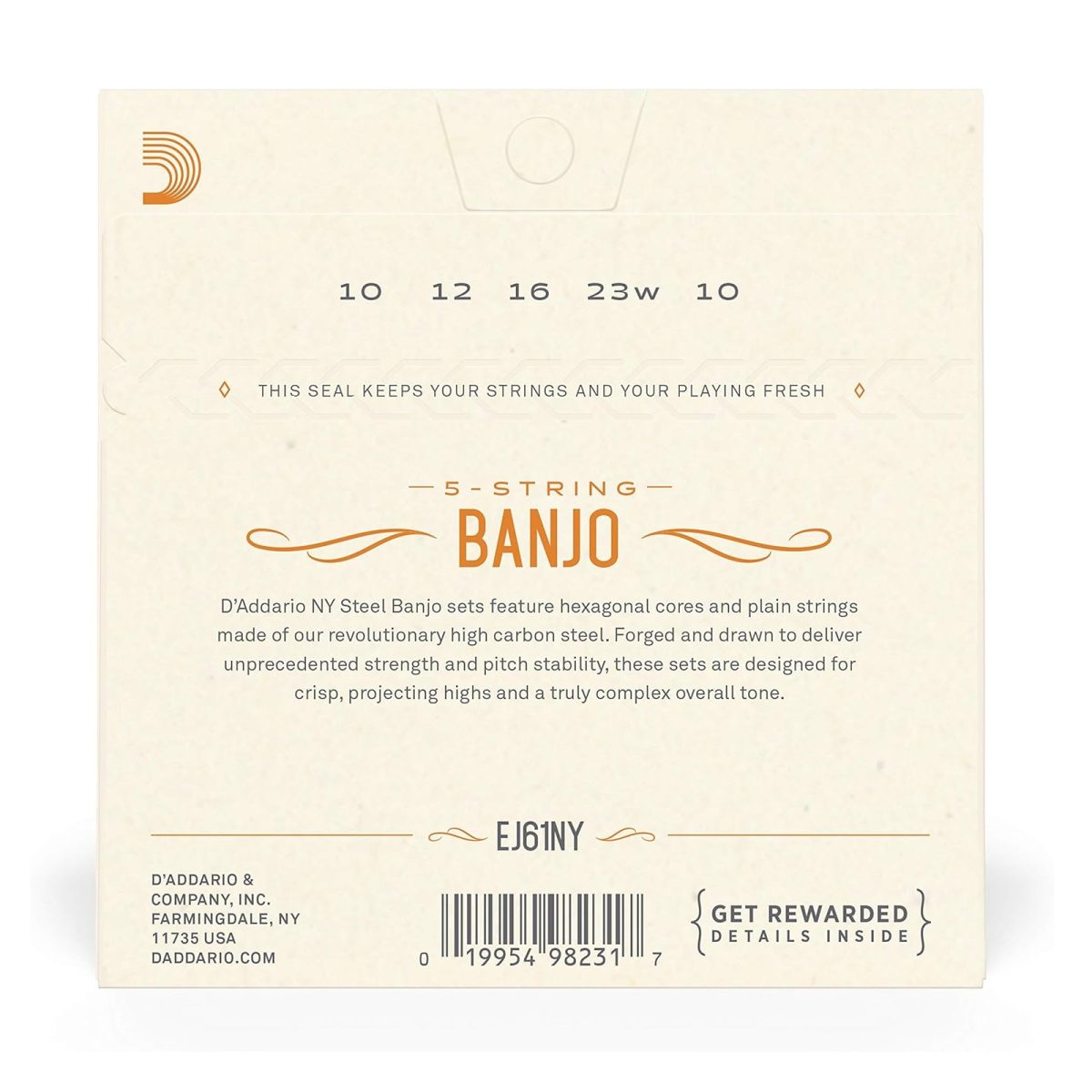 D'Addario - 5-String 10-23 Banjo Nickel-Plated Steel Loop End - Medium EJ61NY
