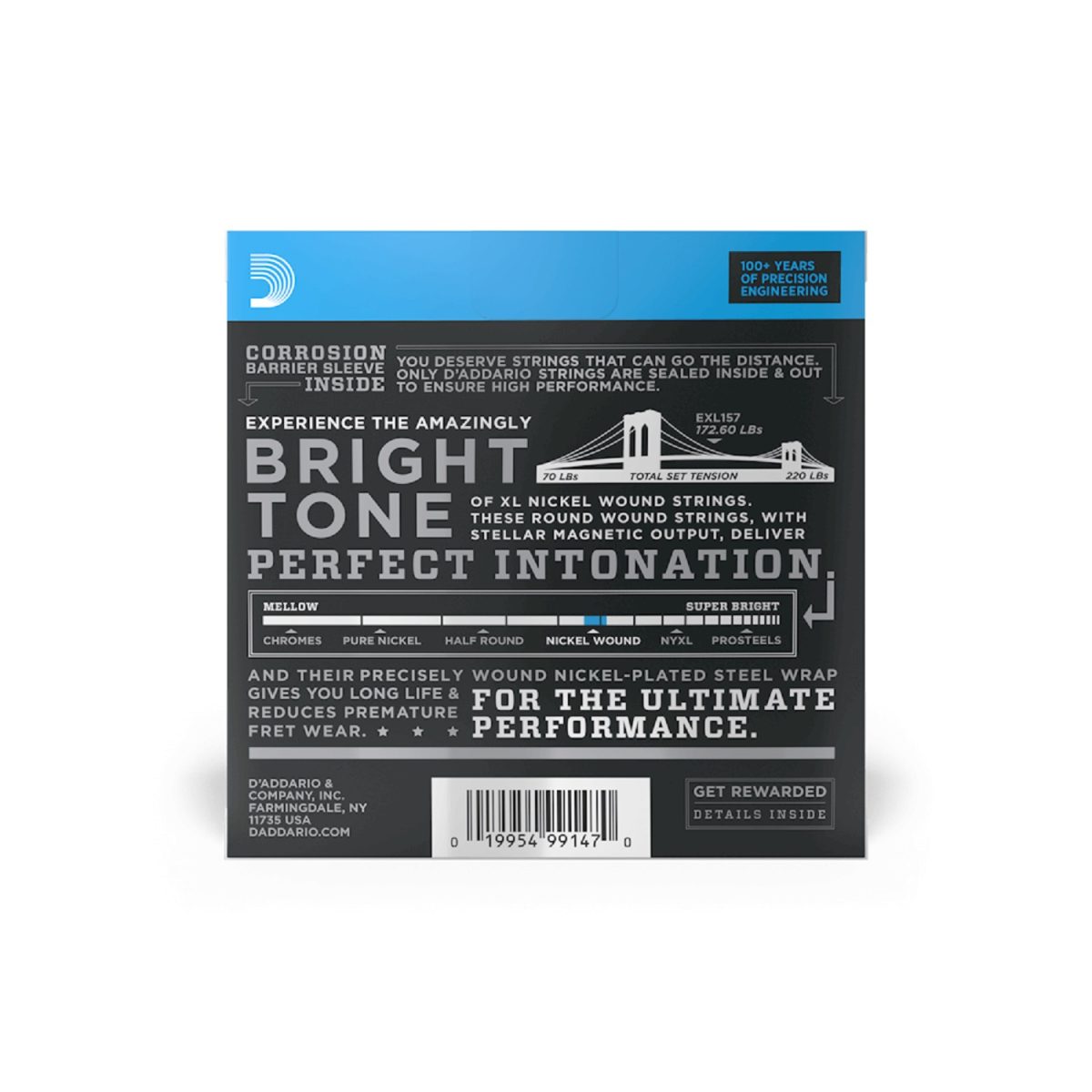 D'Addario - 14-68 Medium Baritone Electric Guitar Strings - EXL157 Back