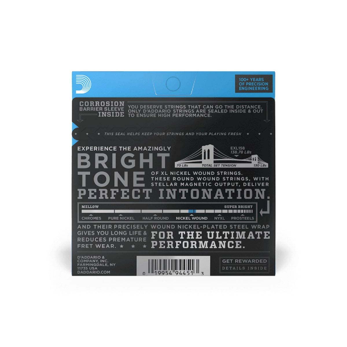 D'Addario - 13-62 Light Baritone Electric Guitar Strings - EXL158 Back