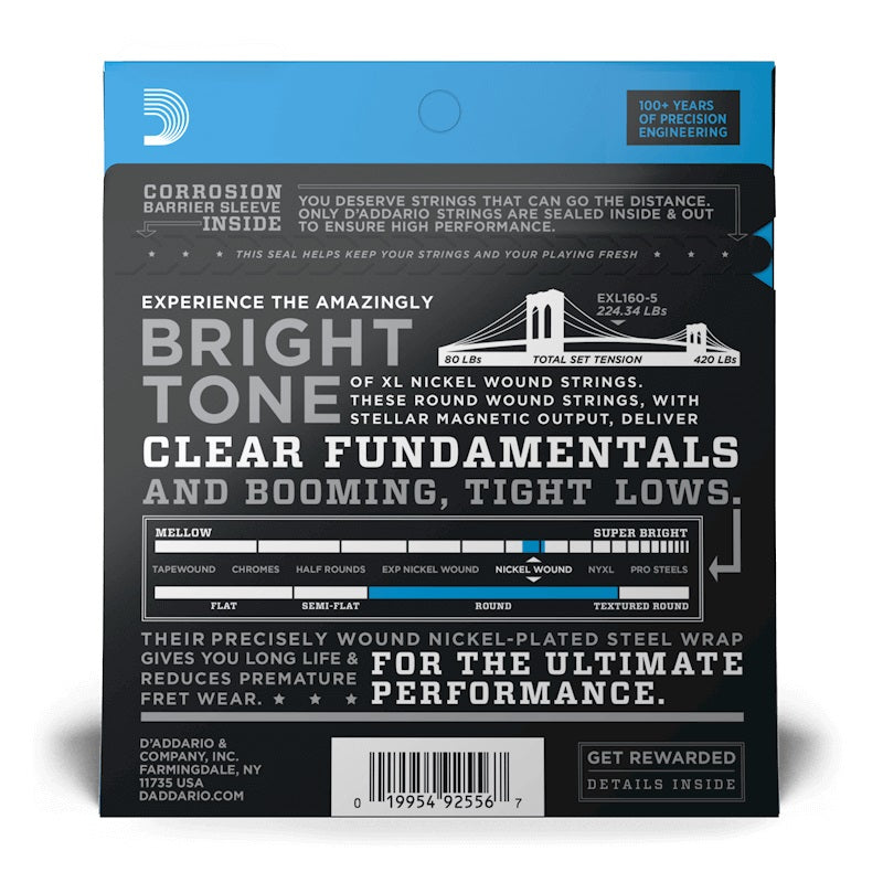D'Addario - 5-String 50-135 Long Scale Bass Strings - Medium EXL160-5