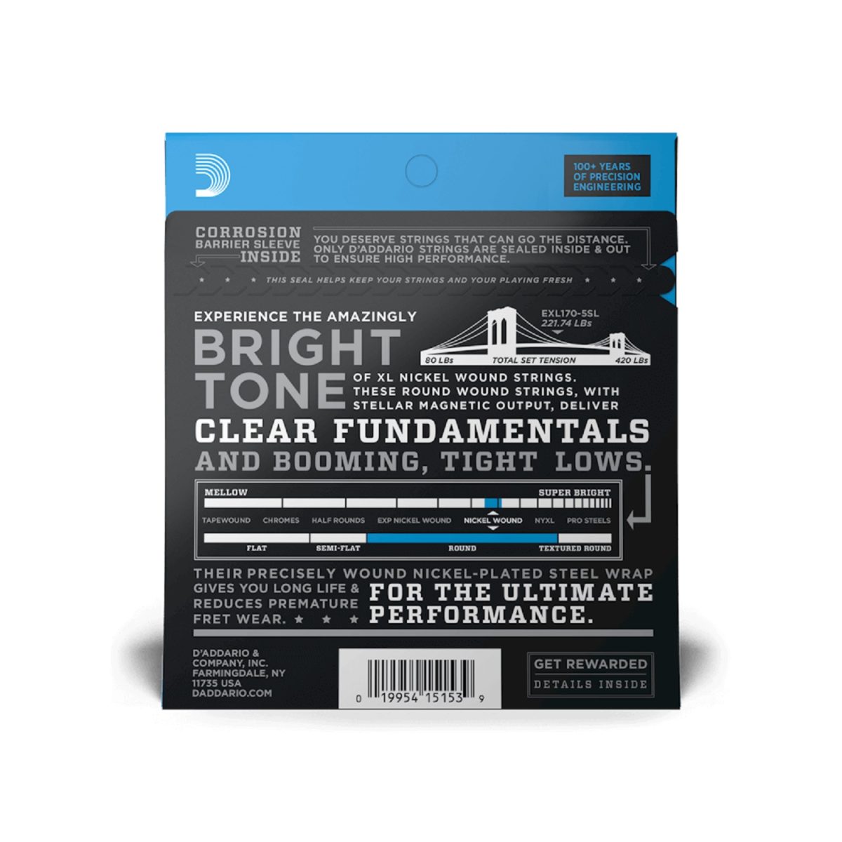 D'Addario - 45-130 Regular Light Super Long Scale 5-String Bass Strings - EXL170-5SL Back