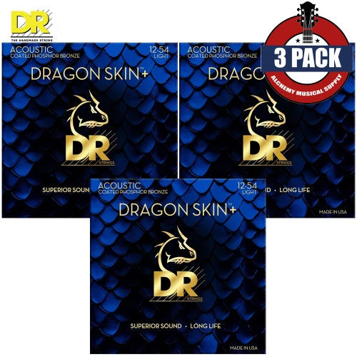 DR - Dragon Skin + Acoustic Guitar Strings, 3 Pack, Phosphor Bronze Coated, Light (.012-.054) #DAP-12-3PK