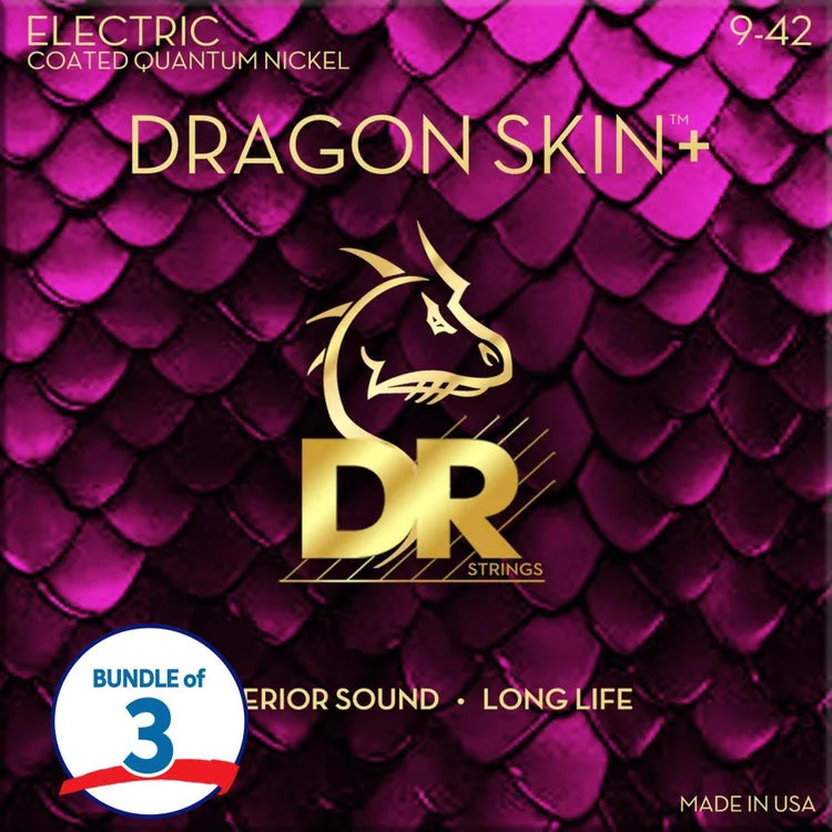 DR - Dragon Skin + Electric Guitar Strings, Quantum Nickel Coated, 3 pack, Light (.009-.042) #DEQ-9-3PK