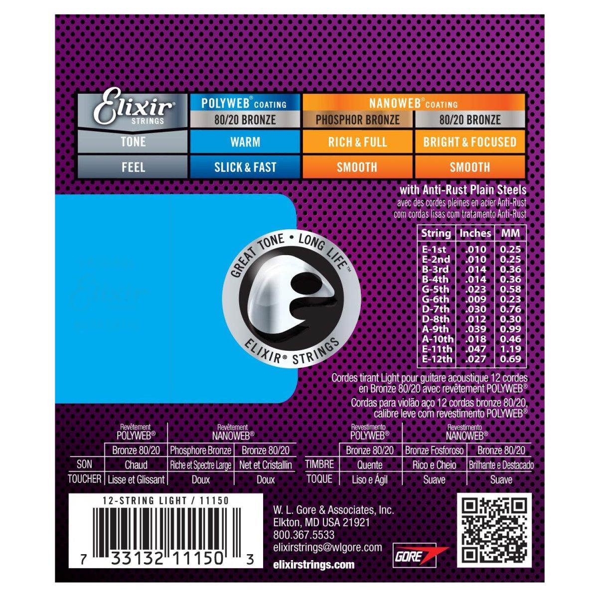 Elixir - 12-String 10-47 Acoustic 80/20 Bronze with POLYWEB Coating - Light 11150