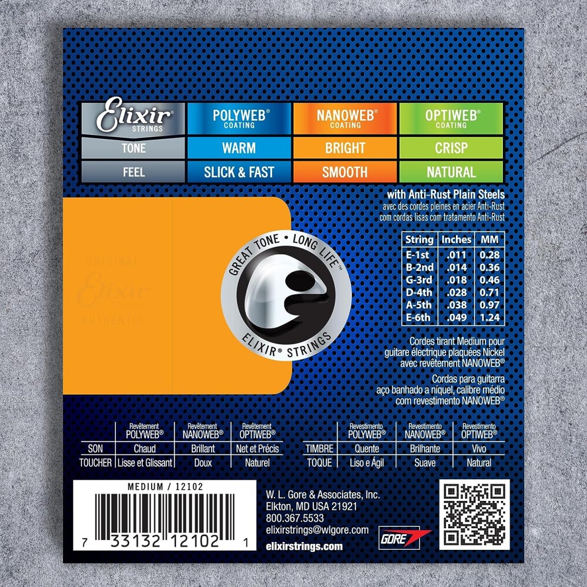 Elixir – 11-49 Electric Nickel Plated Steel w/ NANOWEB Coating – Medium 12102