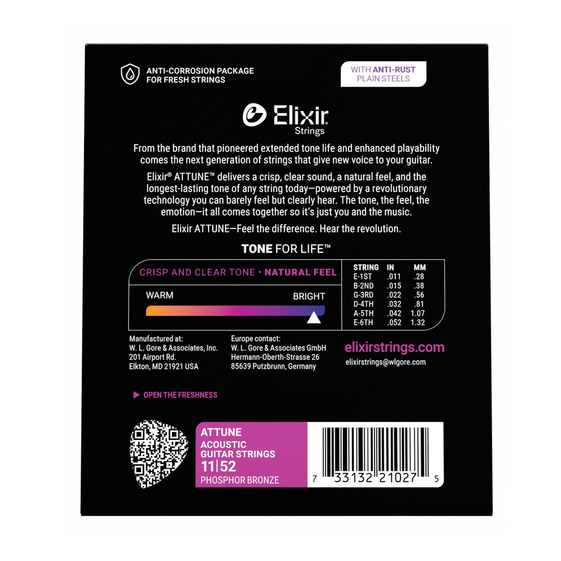 Elixir – 11-52 Attune Phosphor Bronze – Custom Light #21027 — 2