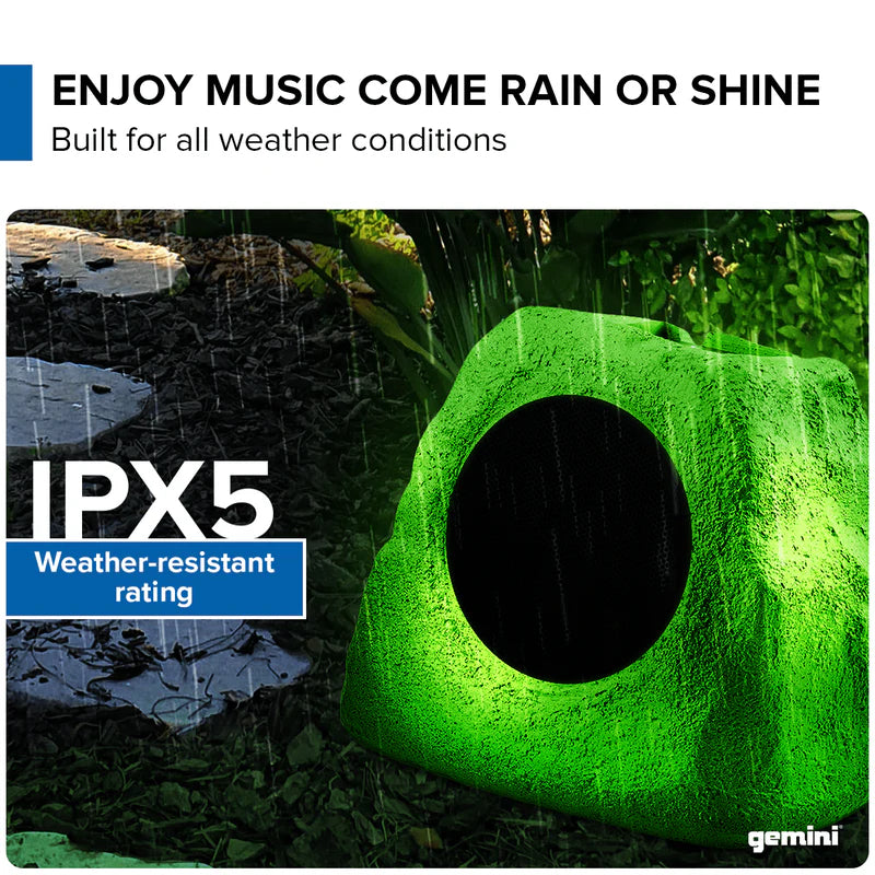 Gemini - Portable Solar Bluetooth Rock Speaker, Weather-Resistant, Multi-Link, Wireless & LED Lighting #GHRK-500LTMS