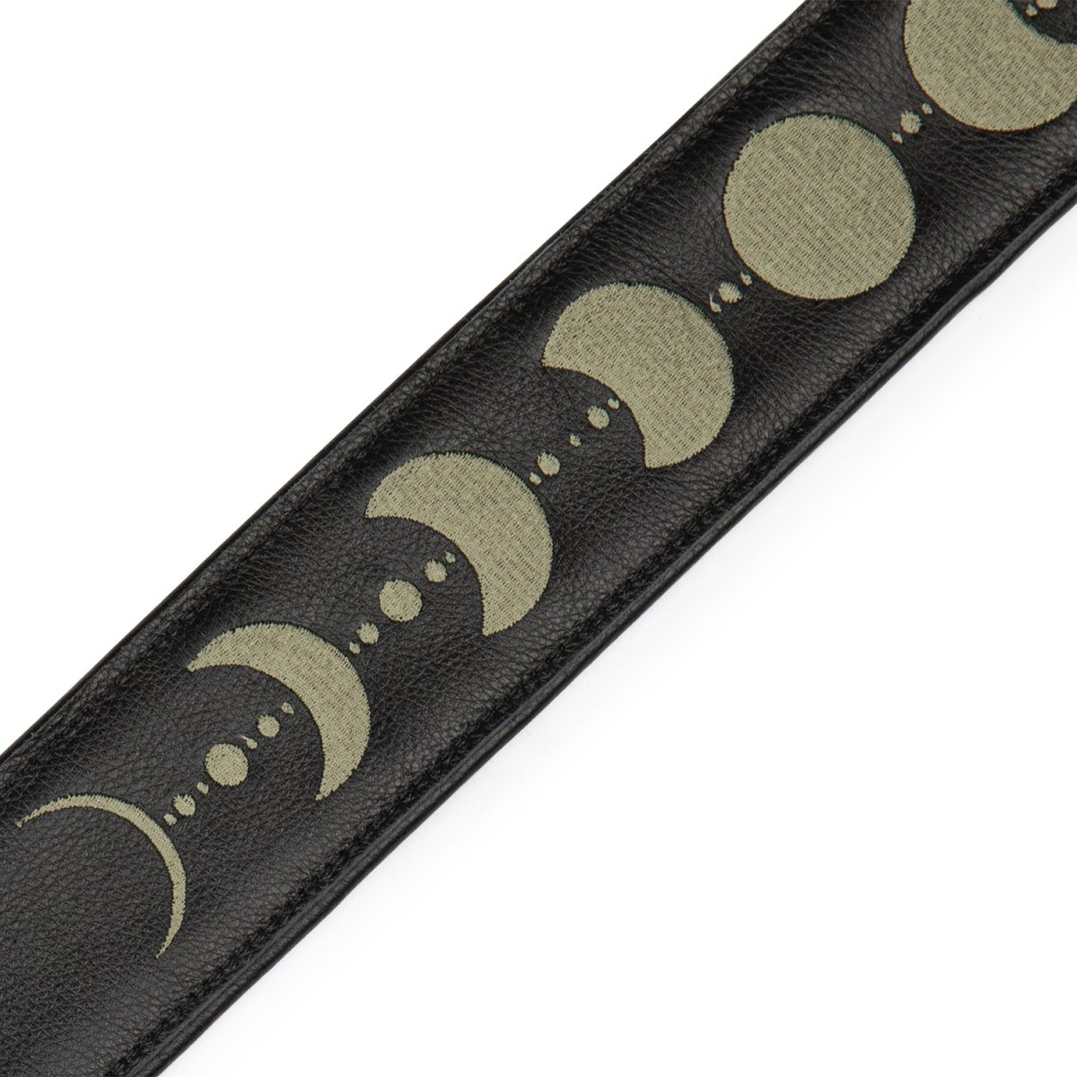 Levy's - Moon Phases Series 2.5″ Black Leather Guitar Strap With Green Embroidery Embroidery