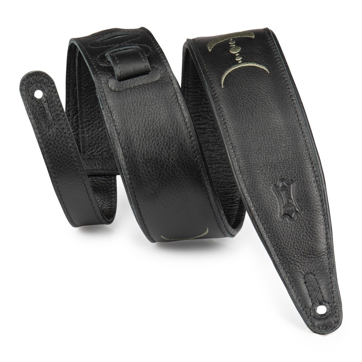 Levy's - Moon Phases Series 2.5″ Black Leather Guitar Strap With Green Embroidery