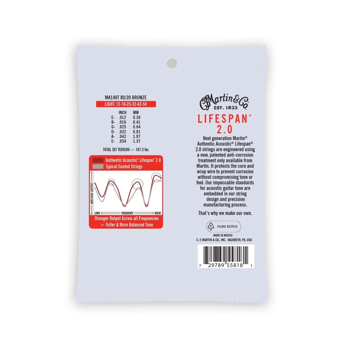 Martin - 12-54 80/20 Bronze Authentic Acoustic Lifespan 2.0 Guitar Strings - Light #MA140T