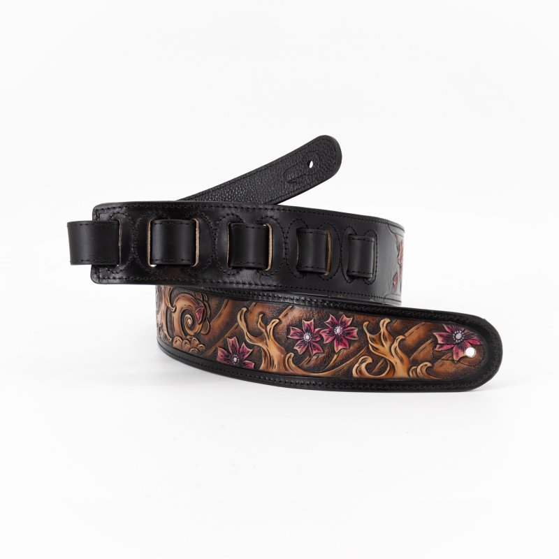 Profile - 2.5" Leather Strap with Brown Wave and Cherry Blossom Pattern, Black #PGS-EIL-9000-BR