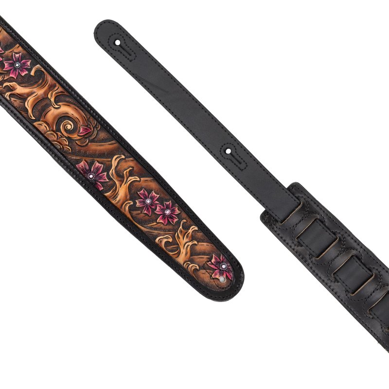 Profile - 2.5" Leather Strap with Brown Wave and Cherry Blossom Pattern, Black #PGS-EIL-9000-BR