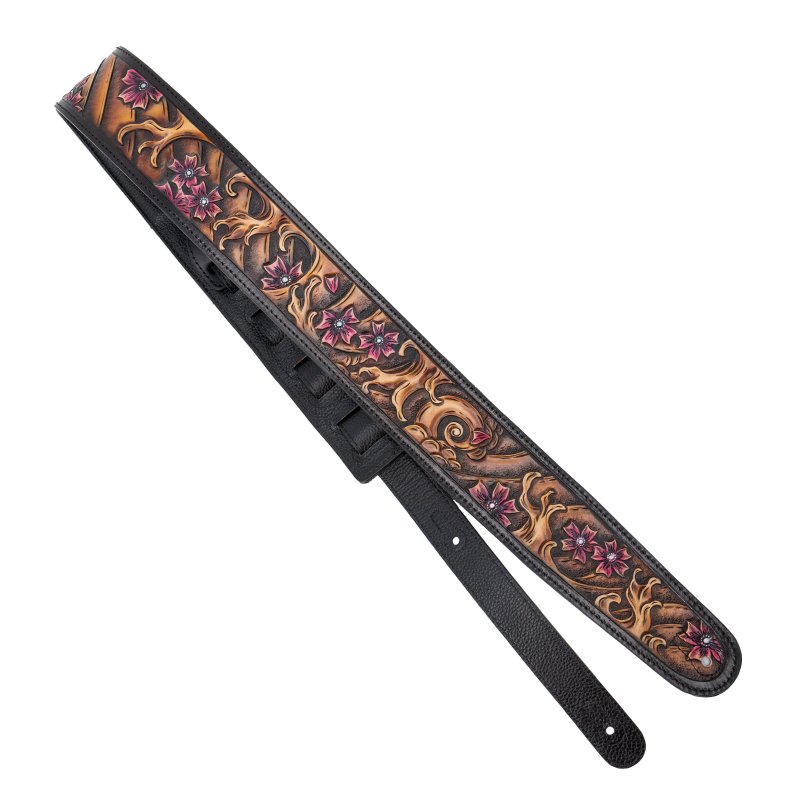Profile - 2.5" Leather Strap with Brown Wave and Cherry Blossom Pattern, Black #PGS-EIL-9000-BR