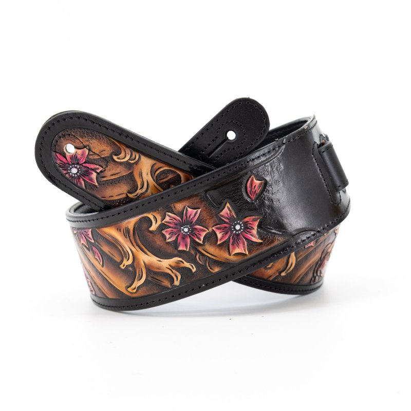 Profile - 2.5" Leather Strap with Brown Wave and Cherry Blossom Pattern, Black #PGS-EIL-9000-BR