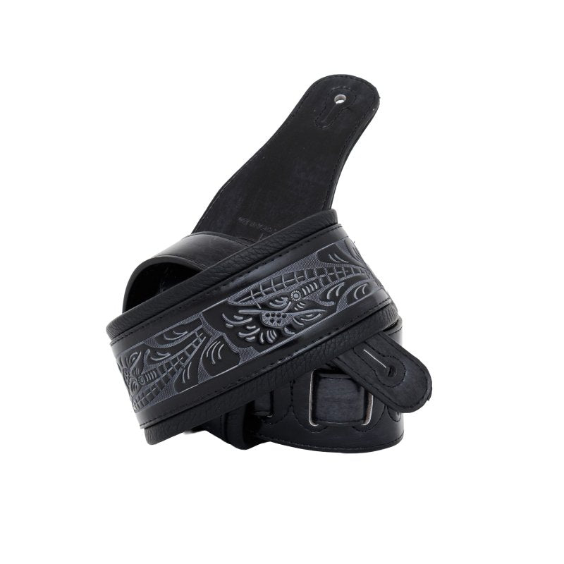 Profile - Leather Padded Strap with Tooled Hibiscus Flower Pattern Black #PGS-GL-6200-BK