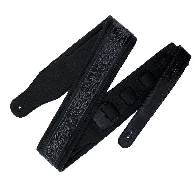 Profile - Leather Padded Strap with Tooled Hibiscus Flower Pattern Black #PGS-GL-6200-BK